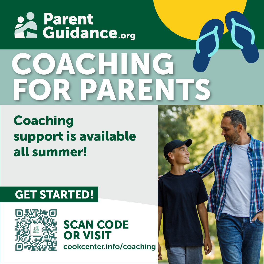 Flyer from ParentGuidance.org promoting free coaching for parents. It reads “Coaching for Parents” and “Coaching support is available all summer!” with a “Get Started!” button. There is a QR code and a link: cookcenter.info/coaching. The image includes a photo of a smiling father walking with his son outdoors, and a graphic of flip-flops in the top right corner suggesting summer.