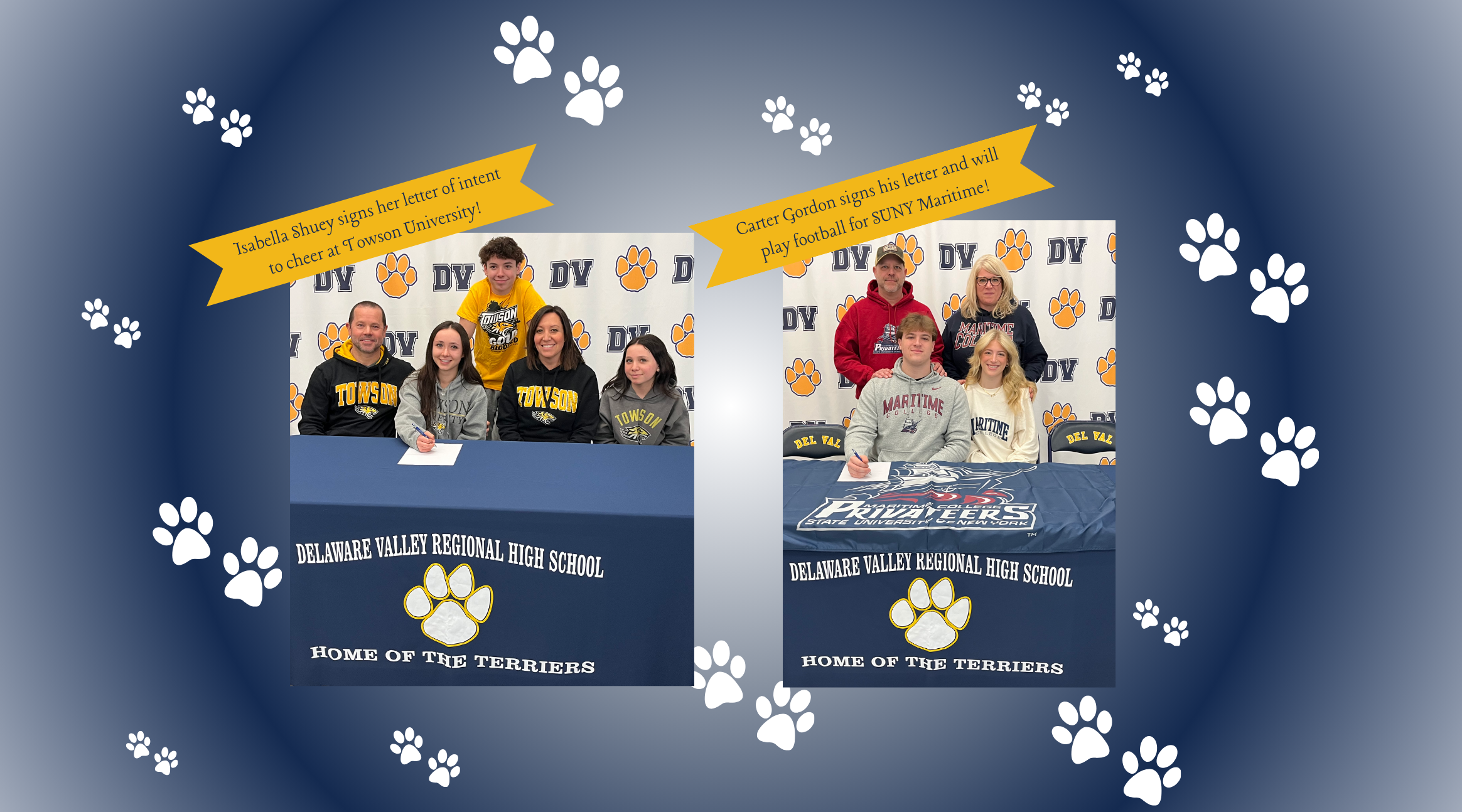 Isabella Shuey and Carter Gordon pose with their families to celebrate signing their letters of intent to play sports in college.