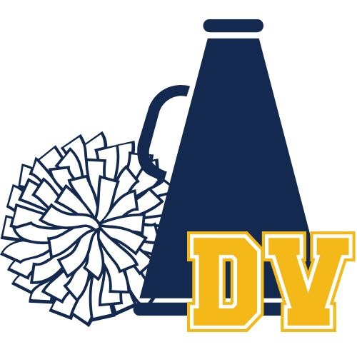 Blue pom pom and megaphone with  yellow "DV" logo.