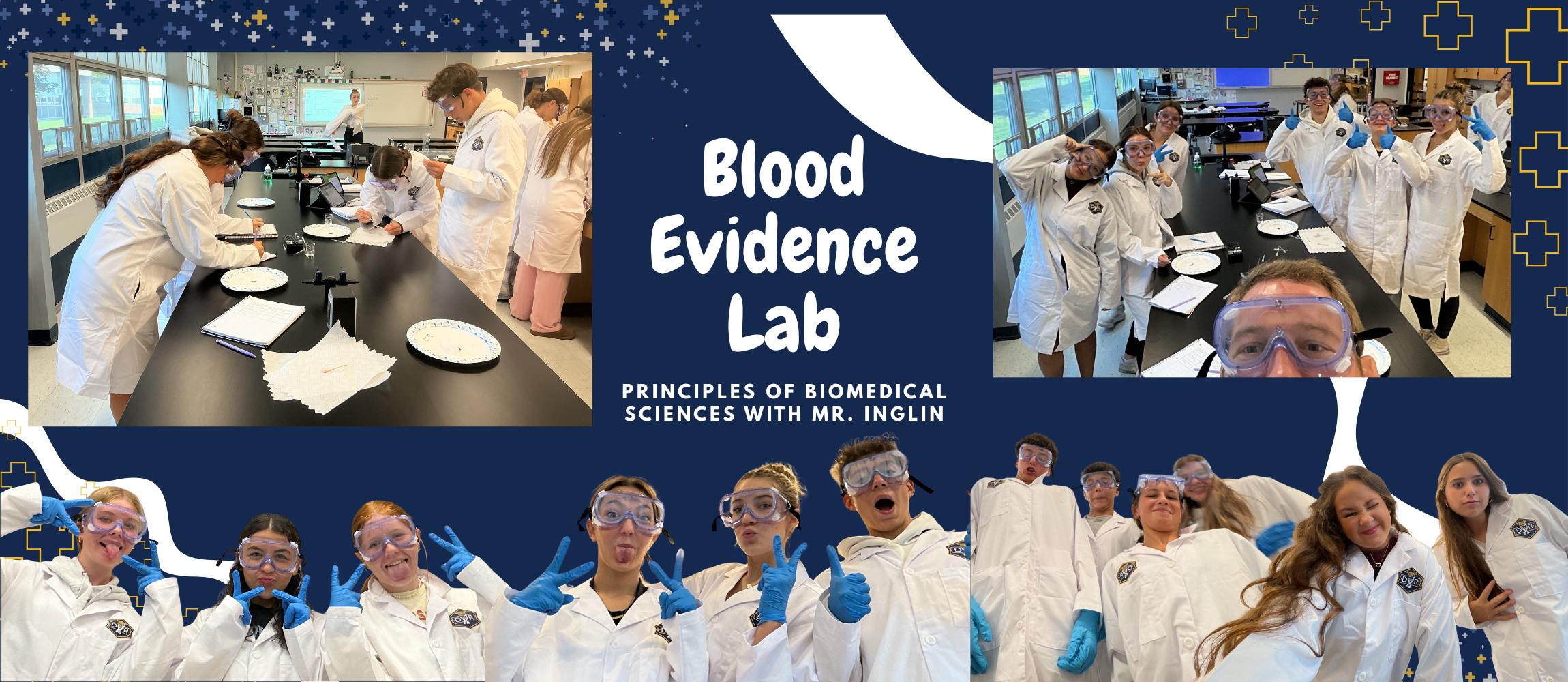 Students pose for pictures in their labcoats during blood evidence lab during biomedical sciences class.