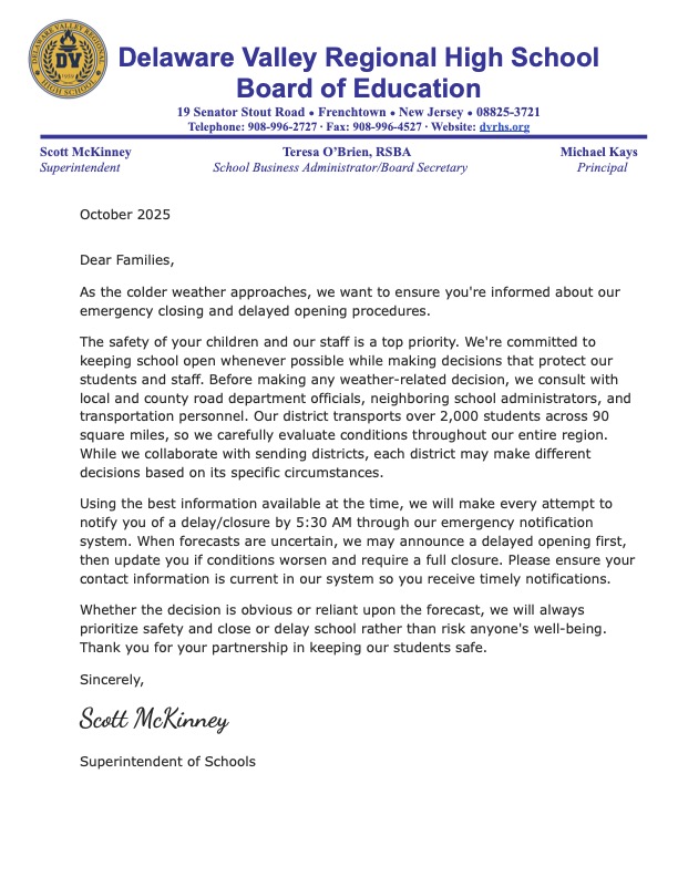 Superintendent Letter to School Community About Emergency Closing Notifications