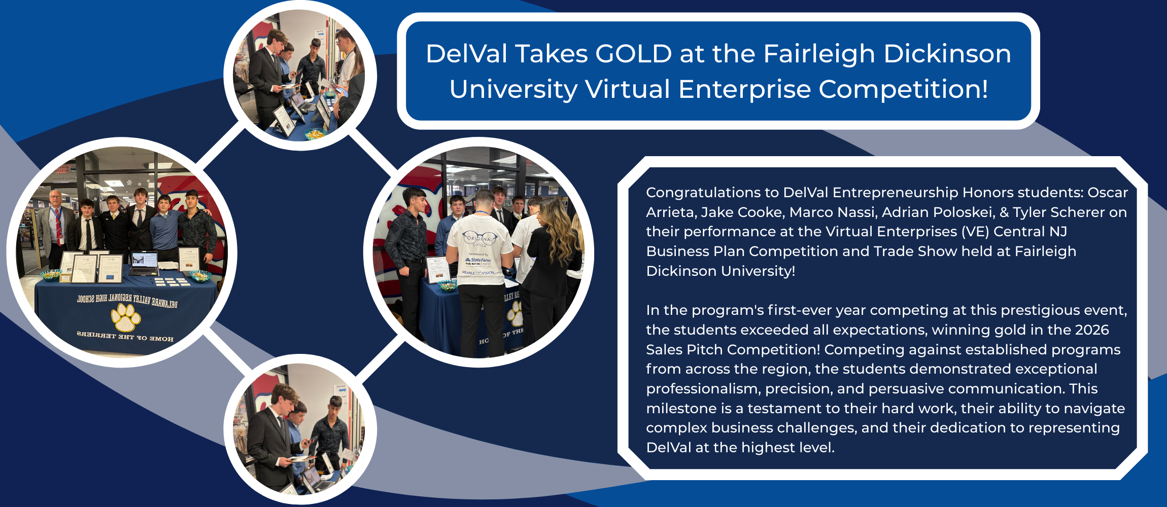 Photos of Virtual Enterprise participant winners as they interact with judges at their booth at Fairleigh Dickinson University during competition.