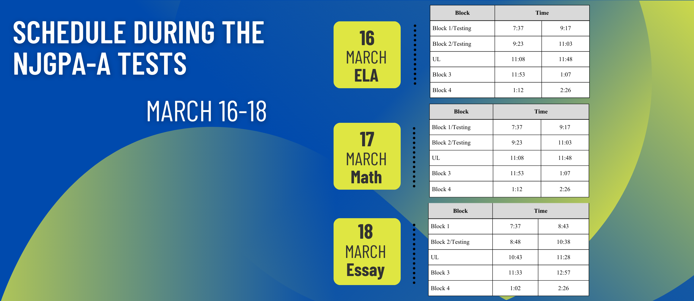 NJGPA-A Testing Schedule March 16th-18th, 2026. Image contains royal background with lime green accent boxes that contain bell schedule for the impacted school days..
