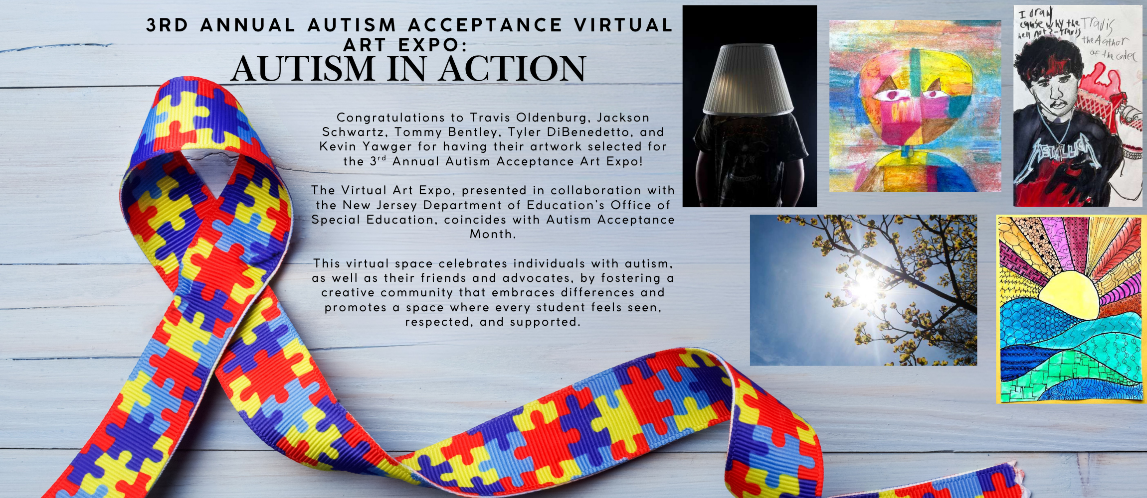 Autism awareness puzzle piece support ribbon in foreground with five DelVal art pieces displayed on a white wood paneled background.