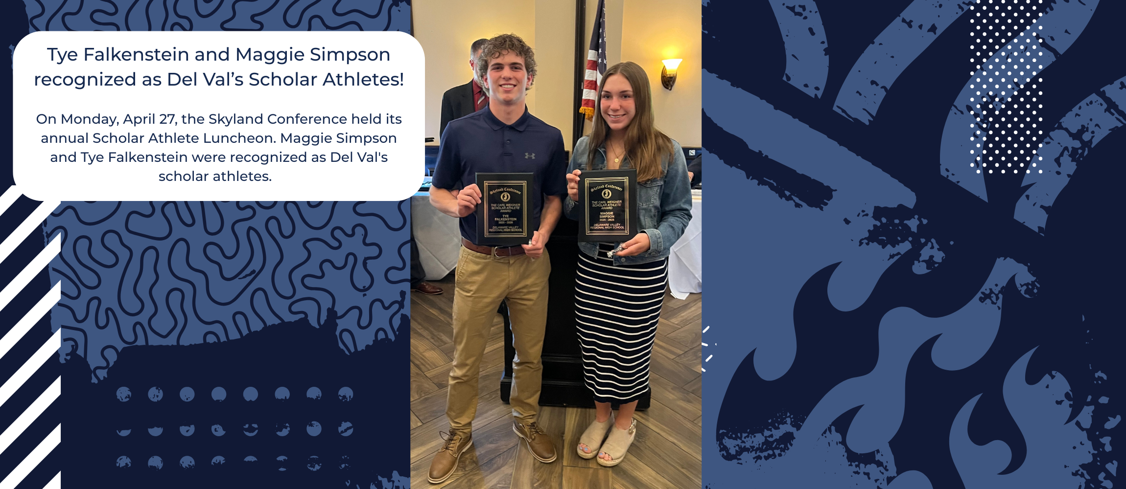 Two Del Val student-athletes stand at luncheon holding award plaques honoring them as scholar athletes.