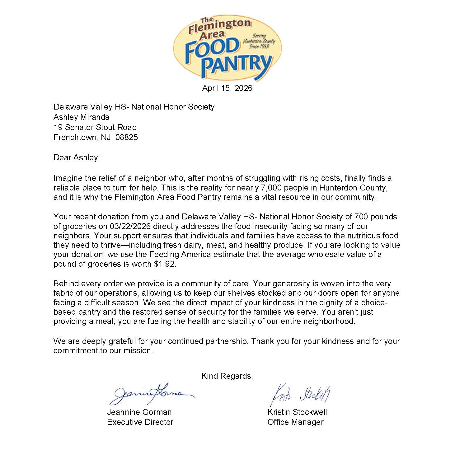 food pantry letter