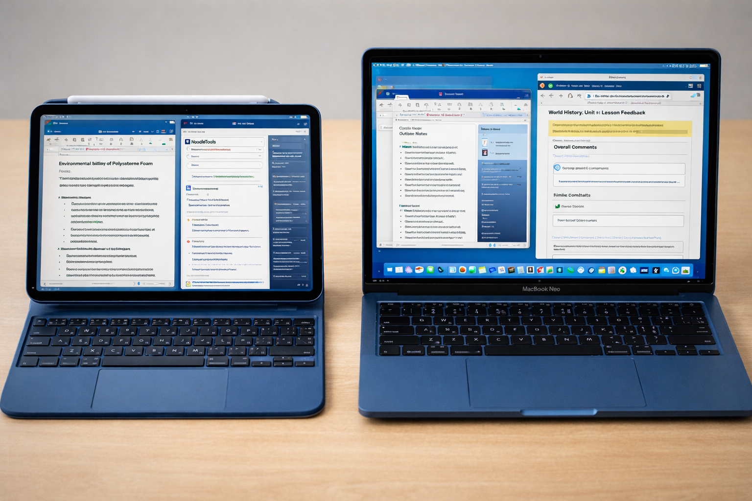 Blue iPad with keyboard case and MacBook Neo sit opened with applications running on their screens side-by-side. iPad sits to left side of screen on table while MacBook Neo sits on the right side of table.
