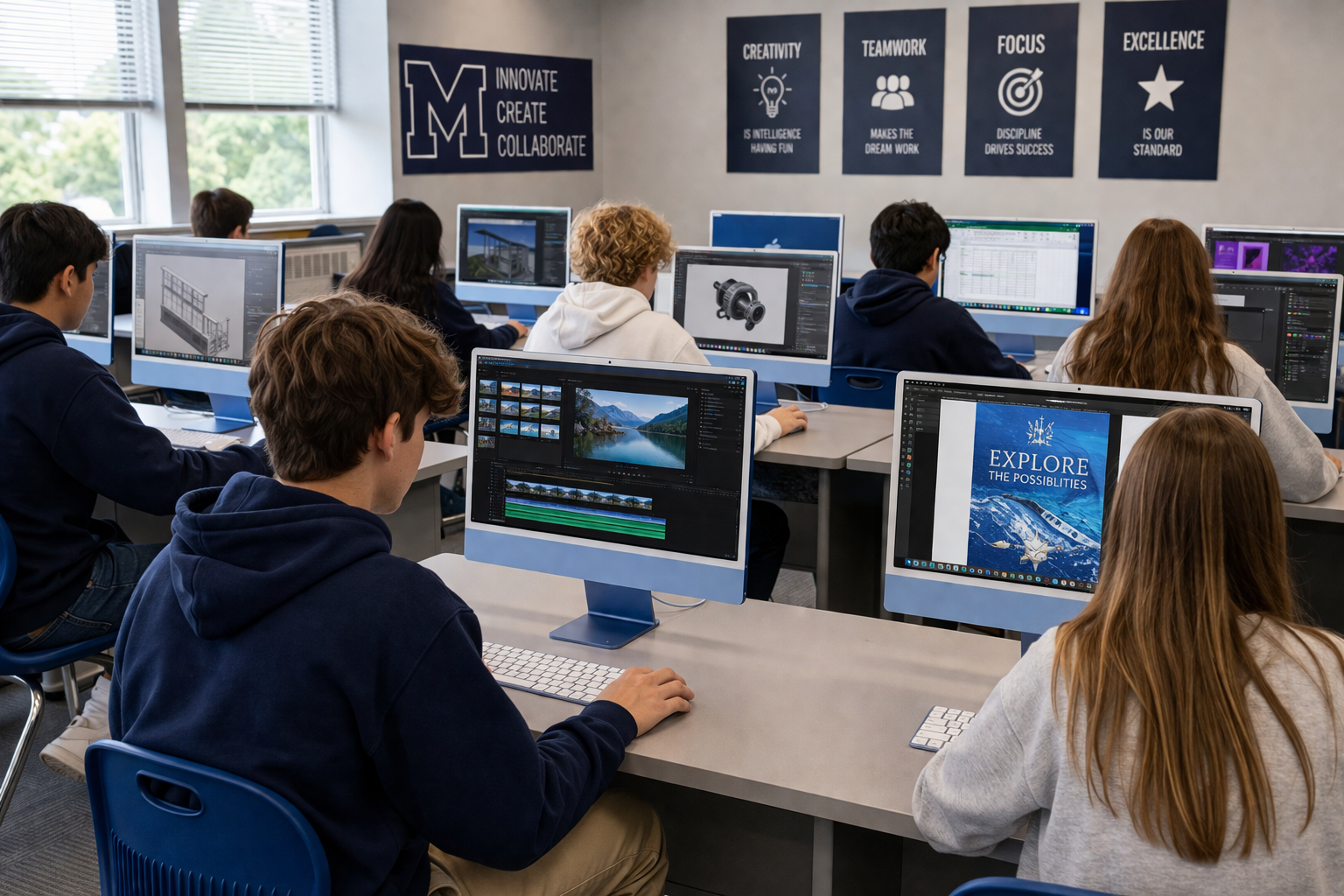 Students typing on Mac desktops in a classroom lab.