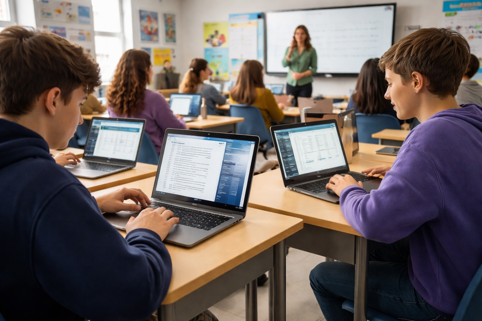 Students work on individual MacBooks at tables while teacher teaches at front of classroom.