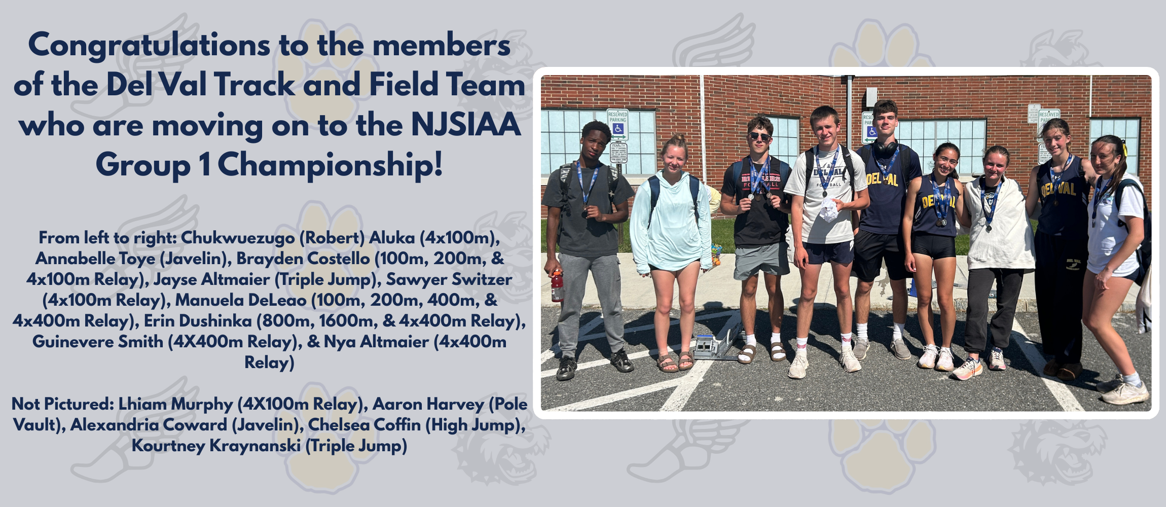 NJSIAA Group 1 Qualifying winners of the DelVal Track & Field team stand for a picture in the DV parking lot.