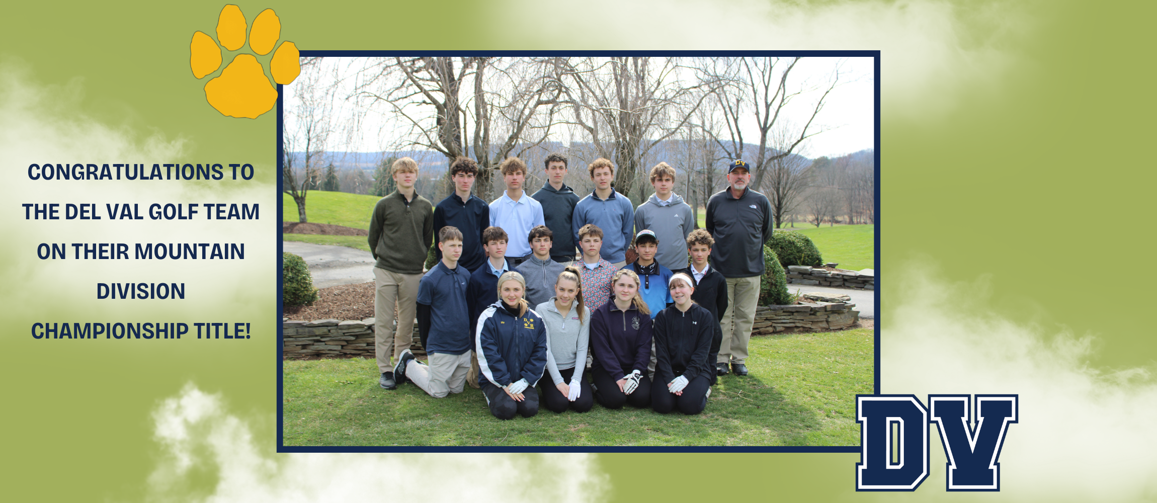 DelVal Golf team poses after being named the 2026 Golf Skyland Conference Mountain Division Champions on green grass of golf course.