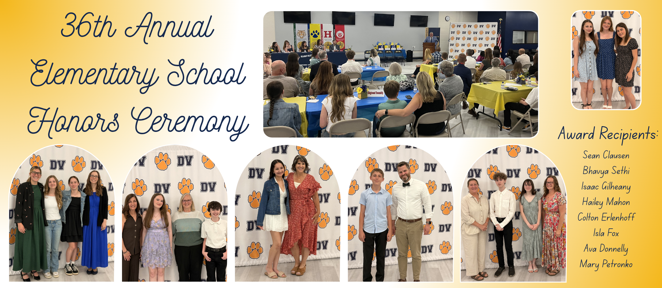 8th Grade Honors Ceremony Awards Winners from Alexandria Township, Frenchtown Elementary, Holland Township, and Kingwood Township pose with their favorite teachers in front of a DelVal school banner with DelVal paw print logos on it.