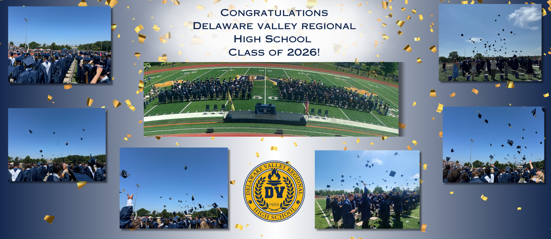 2026 high school graduating class of 2026 at graduation ceremony and through caps at culmination of commencements on green turf football field outside amidst a sunny day.