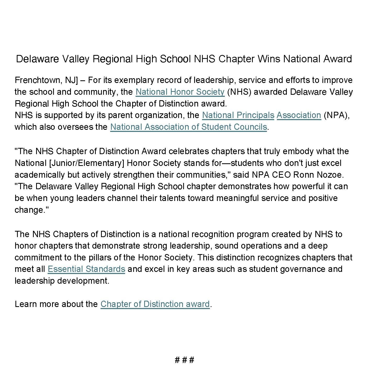 Chapter of Distinction press release