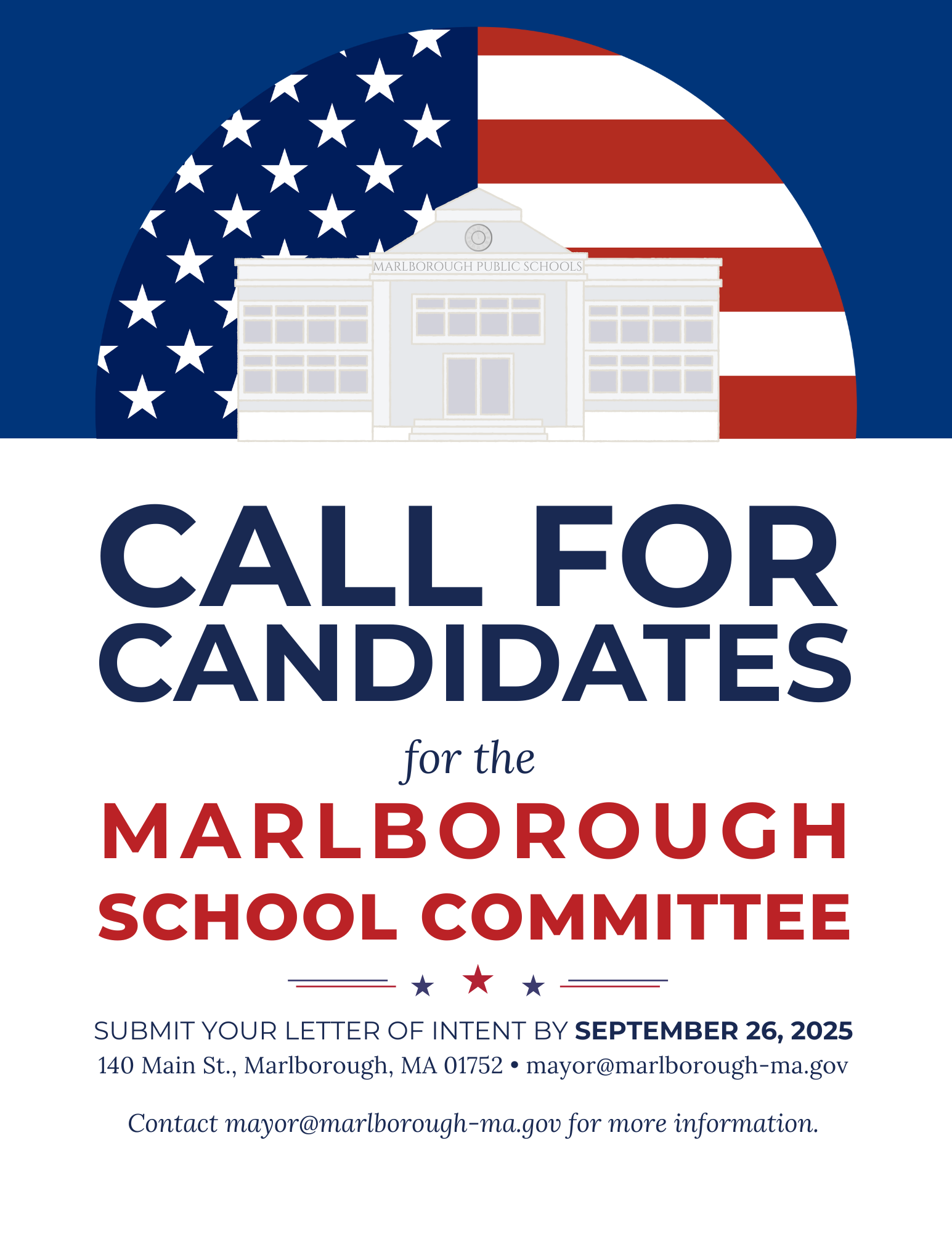 A flyer for a Call for Marlborough School Commitee Candidates.