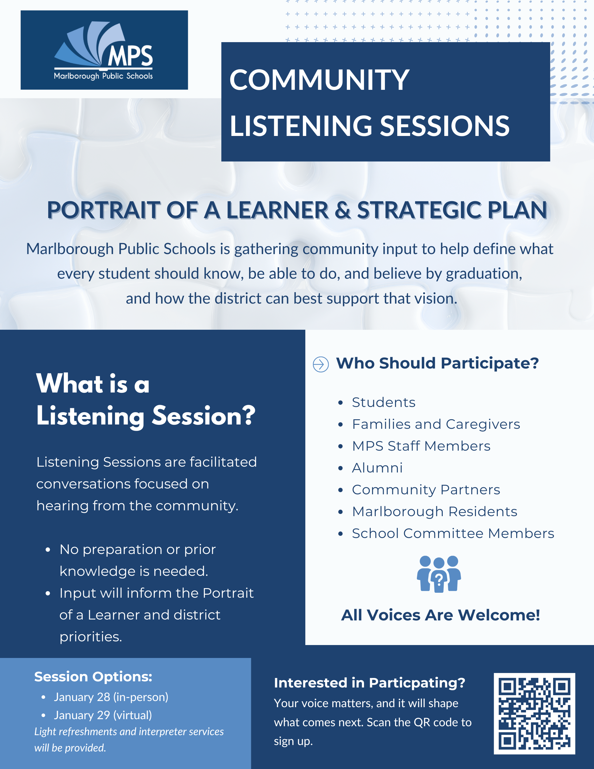 Strategic plan community listening session flyer.