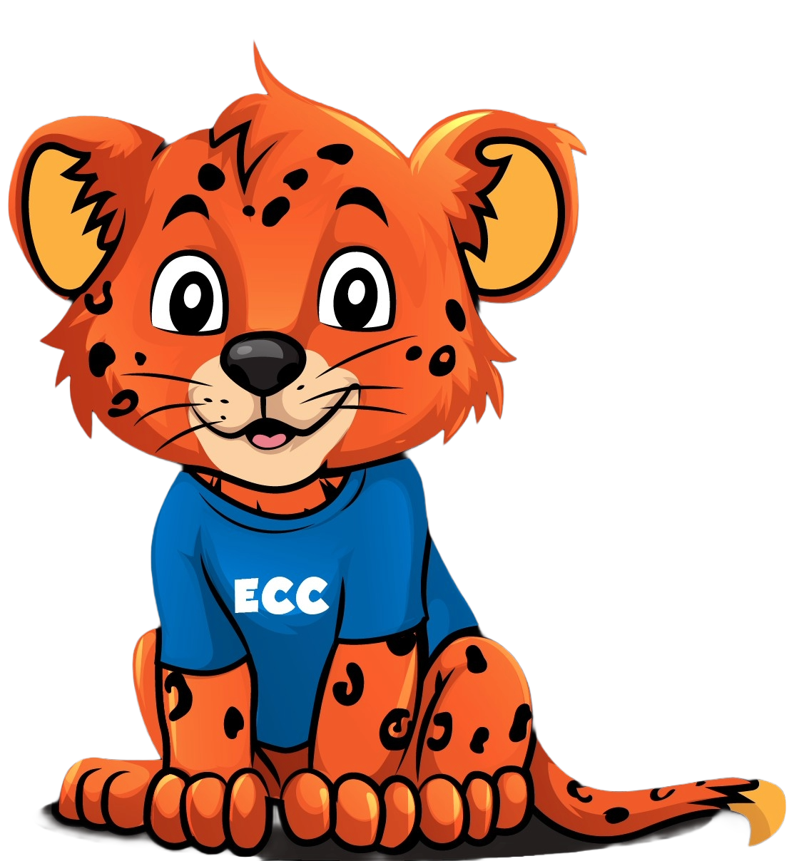 A cartoon cheetah with spots wears a blue shirt with the letters ECC in white. The cheetah is sitting with a smile.