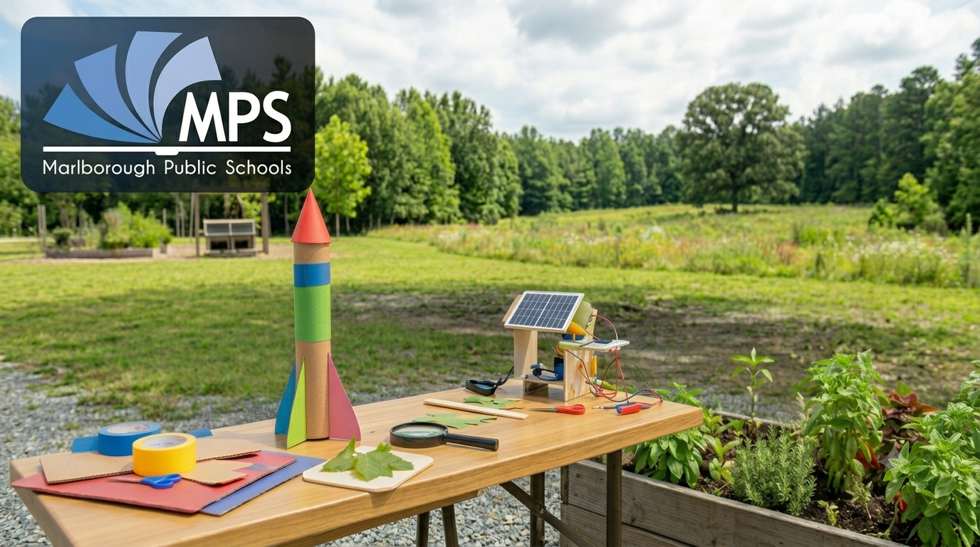 Table with craft materials, a rocket model, and a solar panel in a garden. Background includes a grassy field and trees.