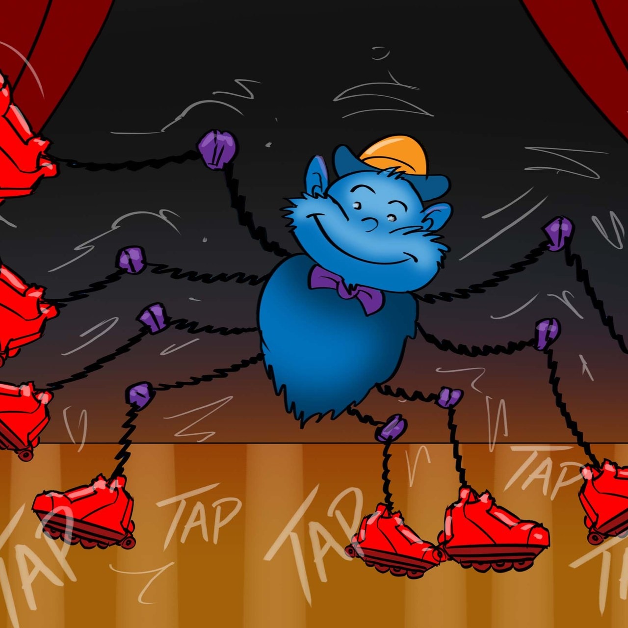 A cartoon spider wearing red shoes performing on stage.