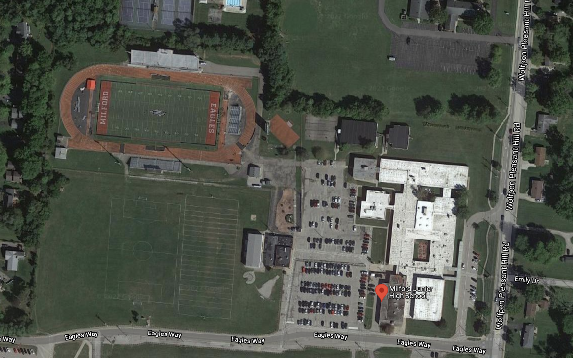 Satellite image pinpointing school location on map.