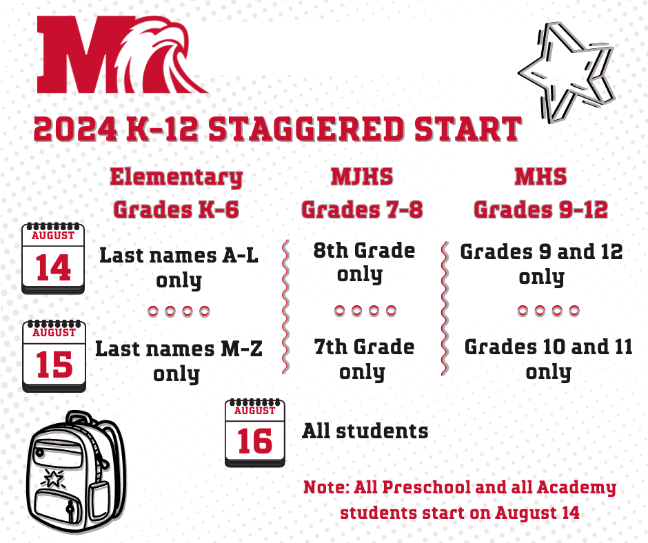 Poster: "2024 K-12 Staggered Start" - a colorful design displaying the academic years and staggered start concept.