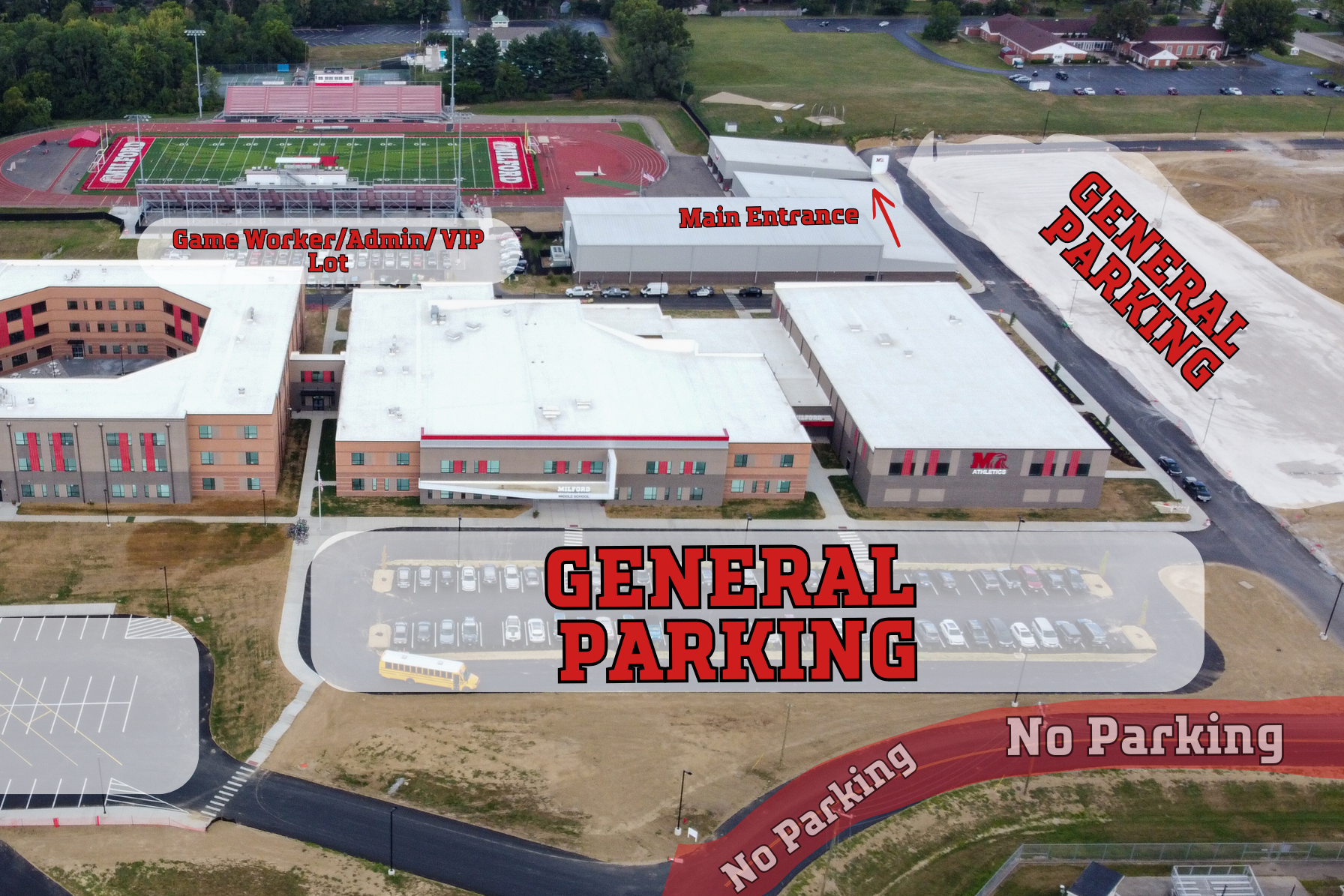 Continued Description of Eagle stadium parking with overflow bus lot, eagle stadium and HS additional parking