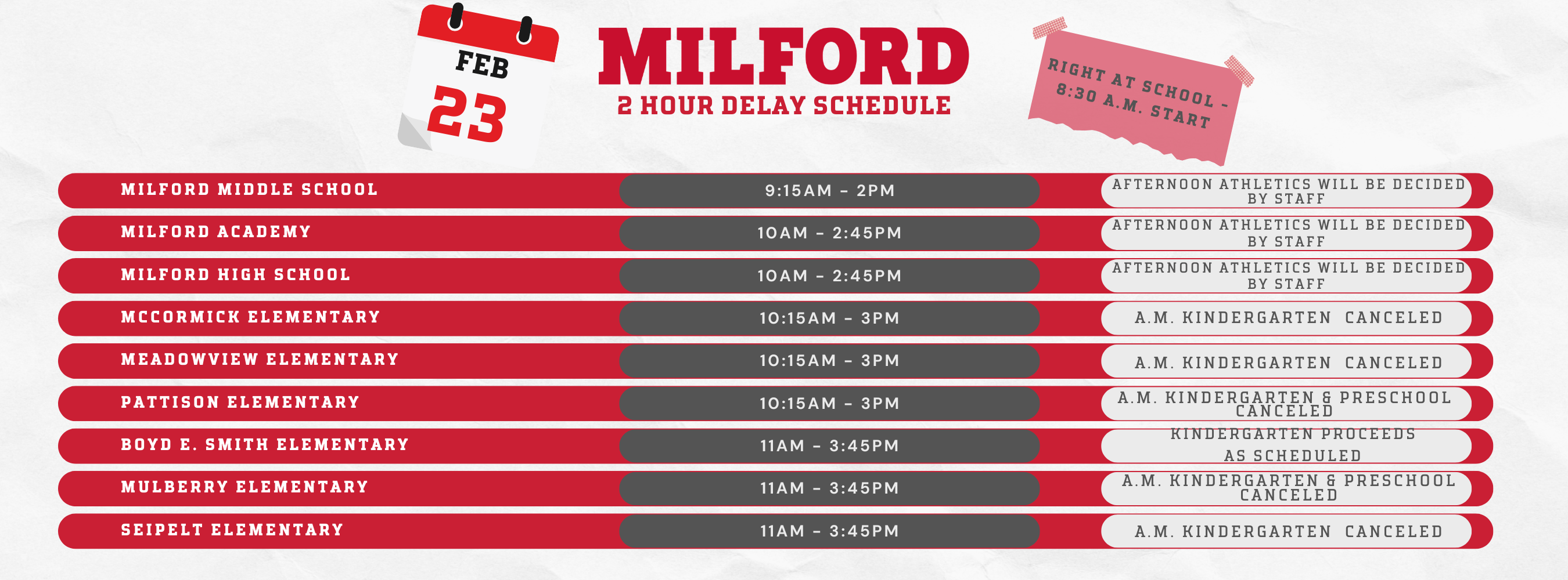 2-Hour Delay Schedule