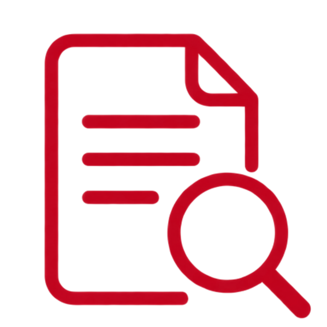 A red document and eyeglass icon
