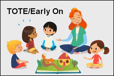 A group of children sitting around a book with the words tote / early on