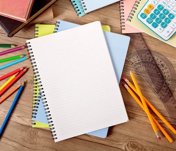 School Supplies. Pencils, paper, colored pencils, and a calculator to name a few.