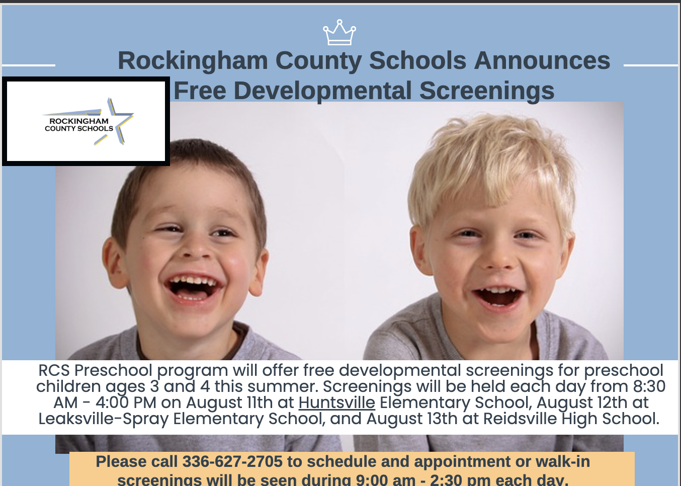 Image of Preschool aged children laughing with information regarding upcoming screenings.
