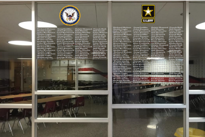 classroom with wall of honor