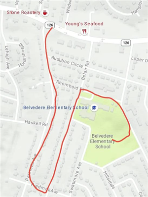 Map indicating the flow of traffic from Palmetto Avenue left on Piedmont Avenue, left on Belair Road, right on Rhomboid Place, and then a right on Monterey Avenue.