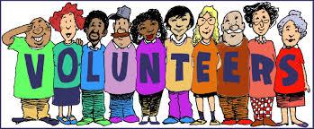 10 cartoon people spelling the word volunteers