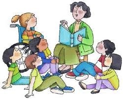 cartoon students surrounding their teacher who is reading