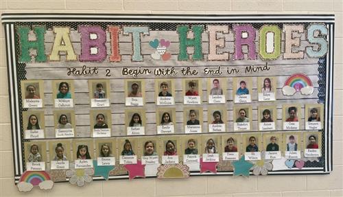 October 2023, Habit 2 "Begin With the End in Mind" student photo bulletin board