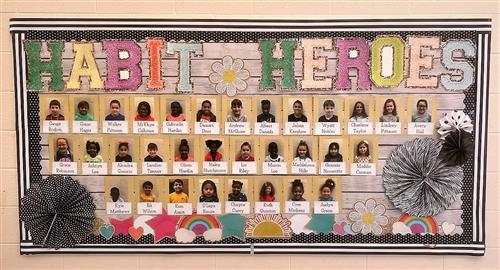 Habit 2, "Begin With The End in Mind" student photo bulletin board