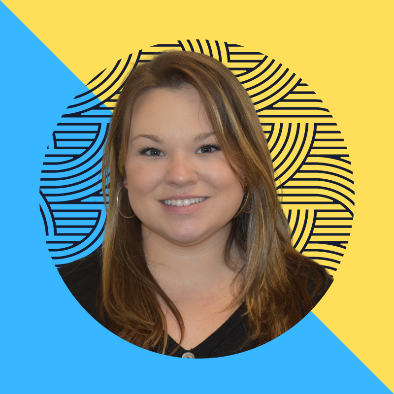 blue and yellow background with a head shot of Mrs. Shelby Snipes from LinkedIn