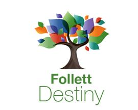 "Follett Destiny" This is a graphic of a tree with multi colored and abstract leaves 