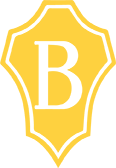 A graphic of a B with a gold decorative Shield  around it 