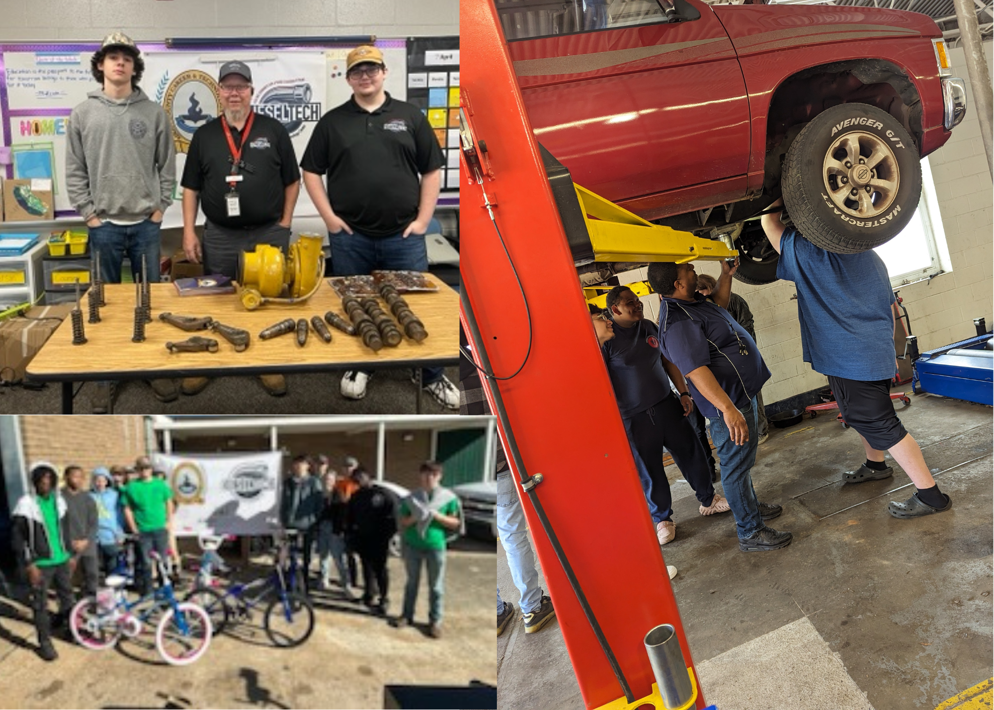 Collage of 3 pictures. Picture 1 features Diesel Tech Instructor standing between 2 students at an elementary career fair. Picture 2 below features diesel technology students standing behind children's bicycles that they assembled for Christmas presents. The third picture to the right features automotive technology students  working under a car that is raised on a car lift.