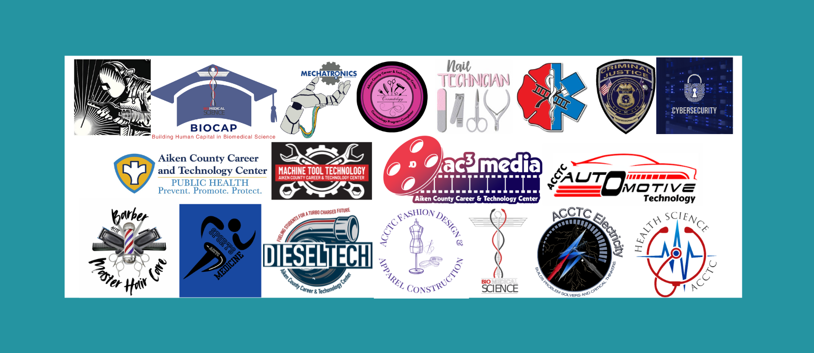 program patches: welding, biocap, mechatronics, cosmetology, nail tech, EMS, law enforcement, cybersecurity, public health, machine tool, media tech, automotive tech, barber/master hair care, sports medicine, diesel tech, fashion design, biomedical science, electricity, health science