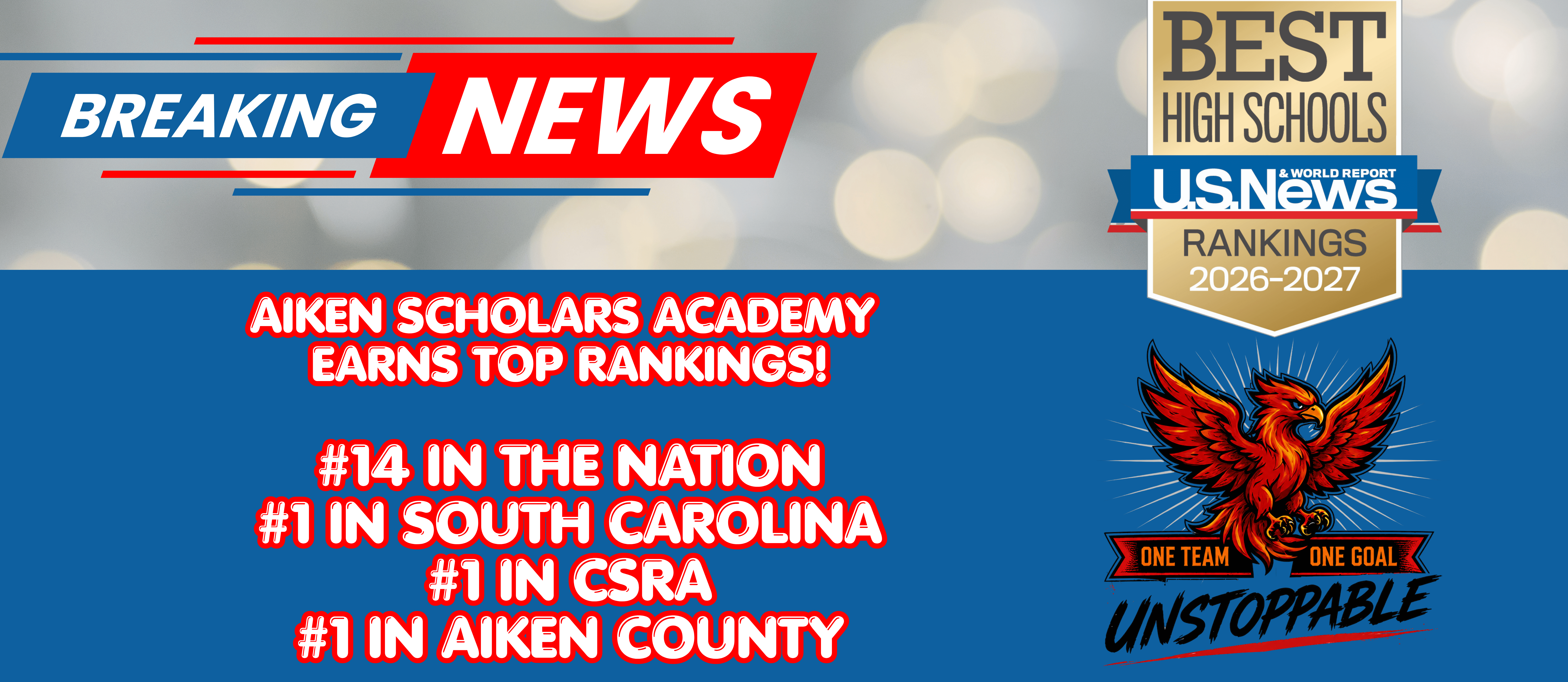 Blue and white graphic with "Breaking News" and "Best High Schools US News" logos. Text reads "Aiken Scholars Academy Earns Top Rankings!"
