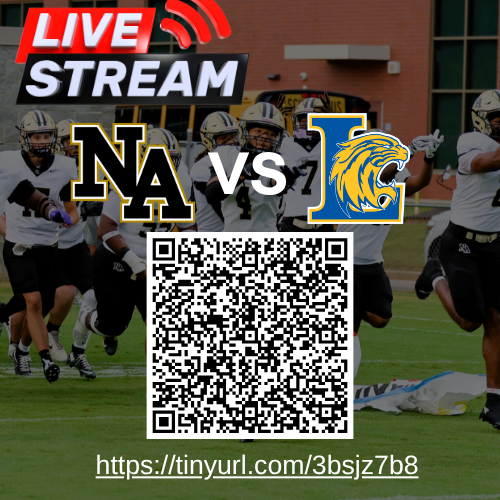 Graphic featuring football players, helmets, and a QR code. Text reads "LIVE STREAM NA vs L" and "https://tinyurl.com/3bsjzj7b8".