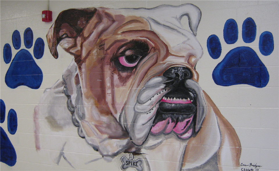 Painting of bulldog mascot beside the front office.