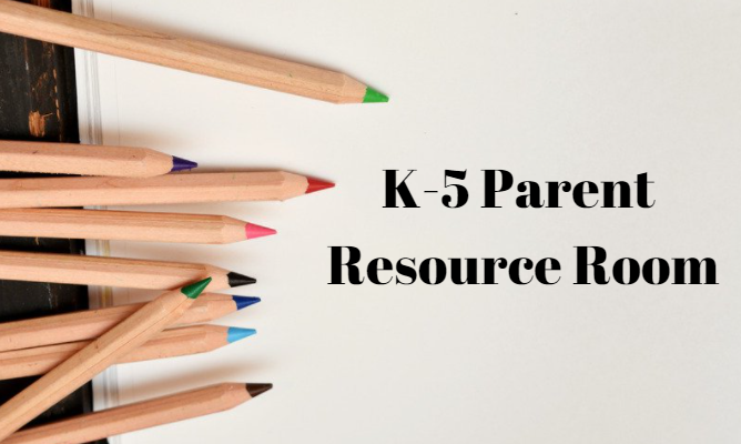 A graphic with colored pencils that says K-5 Parent Resource Room