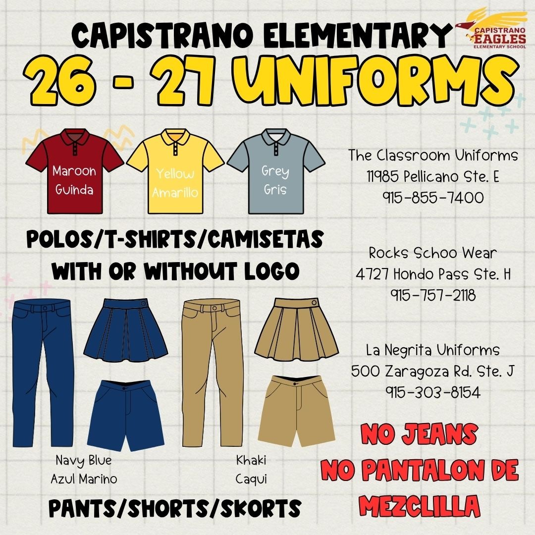 T-shirt color, yellow, maroon, grey. Pants/skort/shorts, navy or khaki. No jeans.