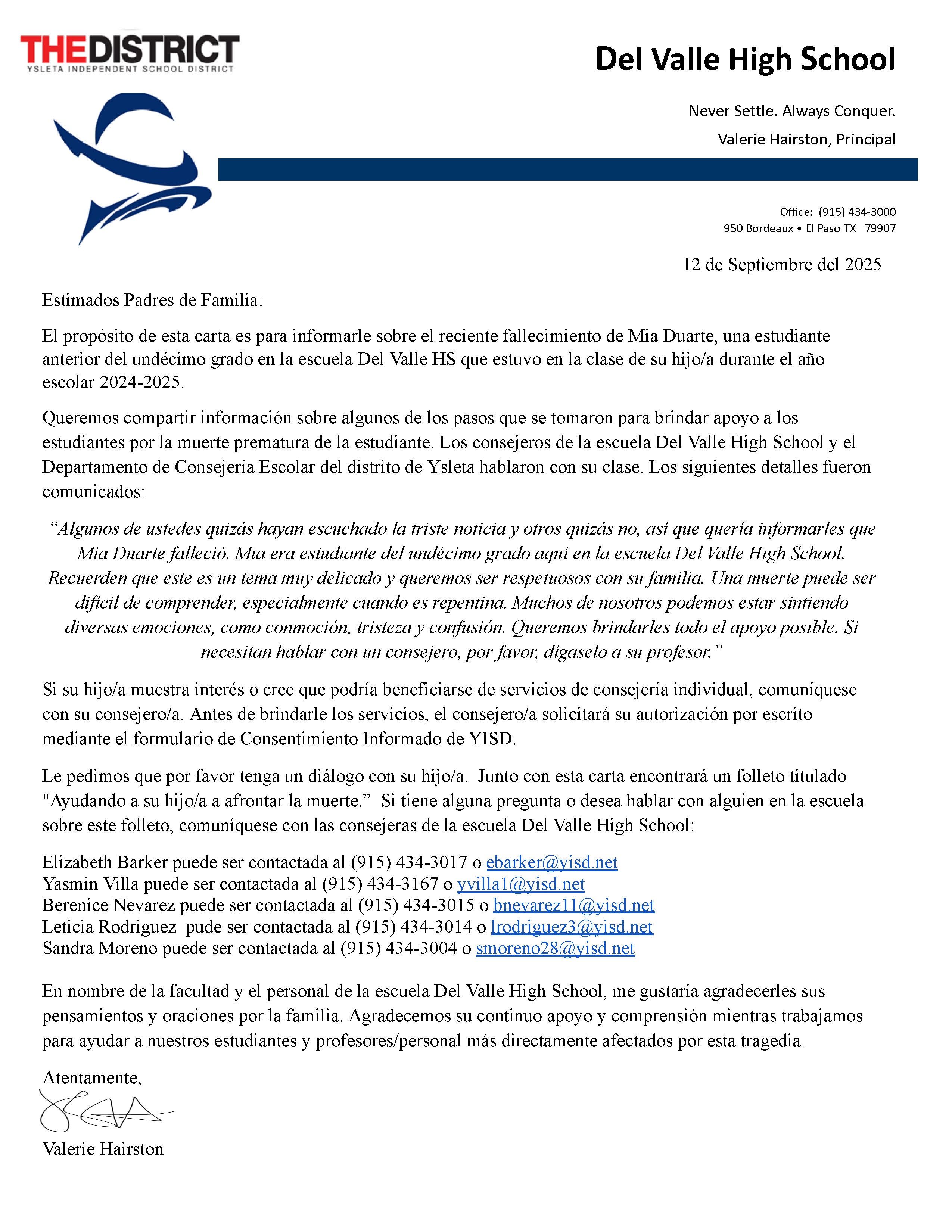 principal's Message espanol