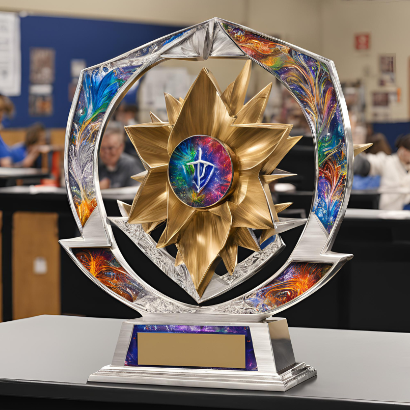 Multicolor trophy on display on a table top.