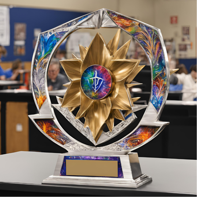 An intricate, modern trophy sits on a black table, featuring a central gold starburst design with a colorful, iridescent emblem in the middle. The trophy is framed by a circular silver border inlaid with vibrant, multi-colored swirls of blue, orange, and purple. It rests on a tiered silver base with a blank gold nameplate, set against a softly blurred background of a classroom or office space where people are working.